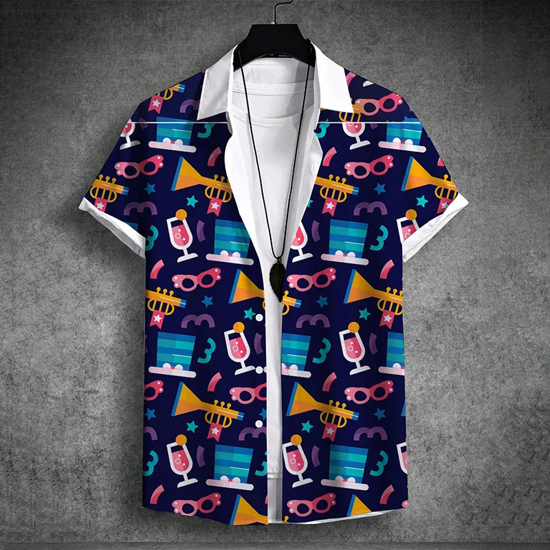 

Face Mask Pattern Hawaiian Shirt For Men Mardi Gras 3D Printed Blouse Casual Short Sleeve Lapel Tops Aloha Shirts Streetwear
