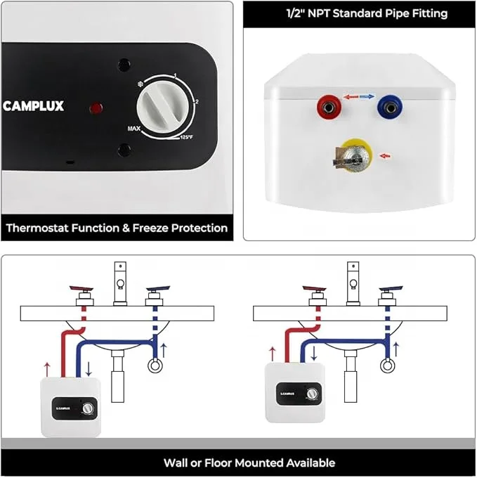 CAMPLUX Pro ME25B 온디맨드 2.5갤런 미니 전기 온수기 1.44kW 120V 가정용 코드 플러그 포함