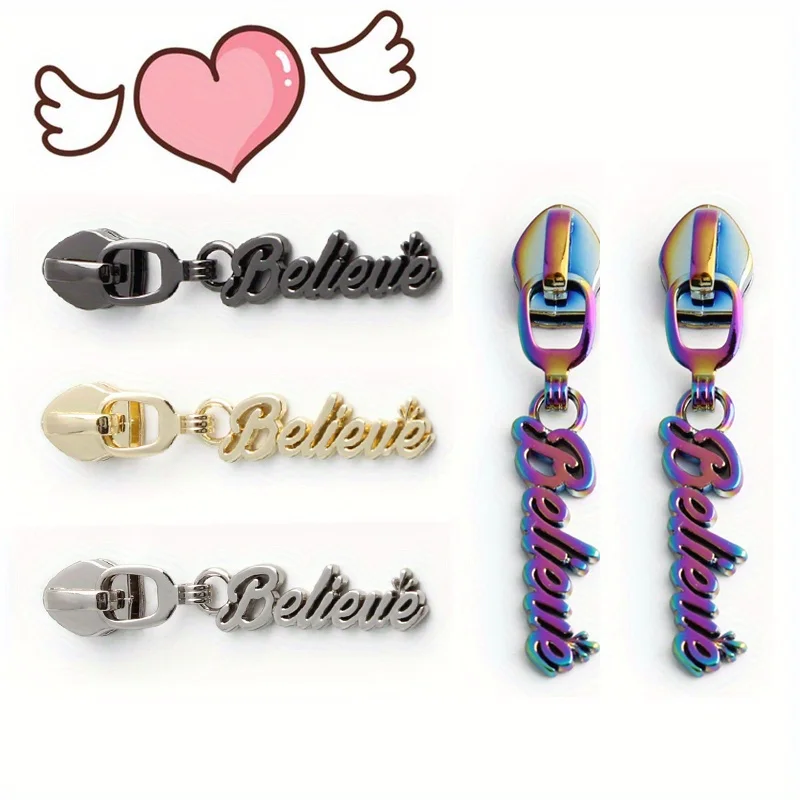 5pcs 45mm/50mm/52mm 5# nylon metal heart cat letter zipper pull heart-shaped Believe clothes shoes shoulder bag pull card