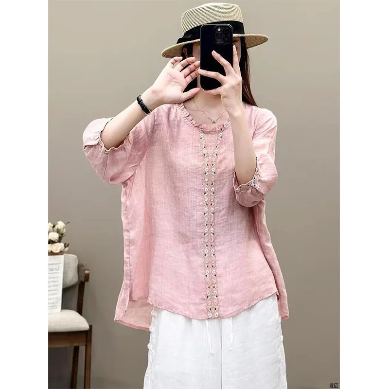 Novedad de Verano, Blusa Holgada de Talla Grande para Mujer, Delgada y Cómoda, de Algodón y Lino, con Bordado Literario Clásico, en Rosa/Caqui