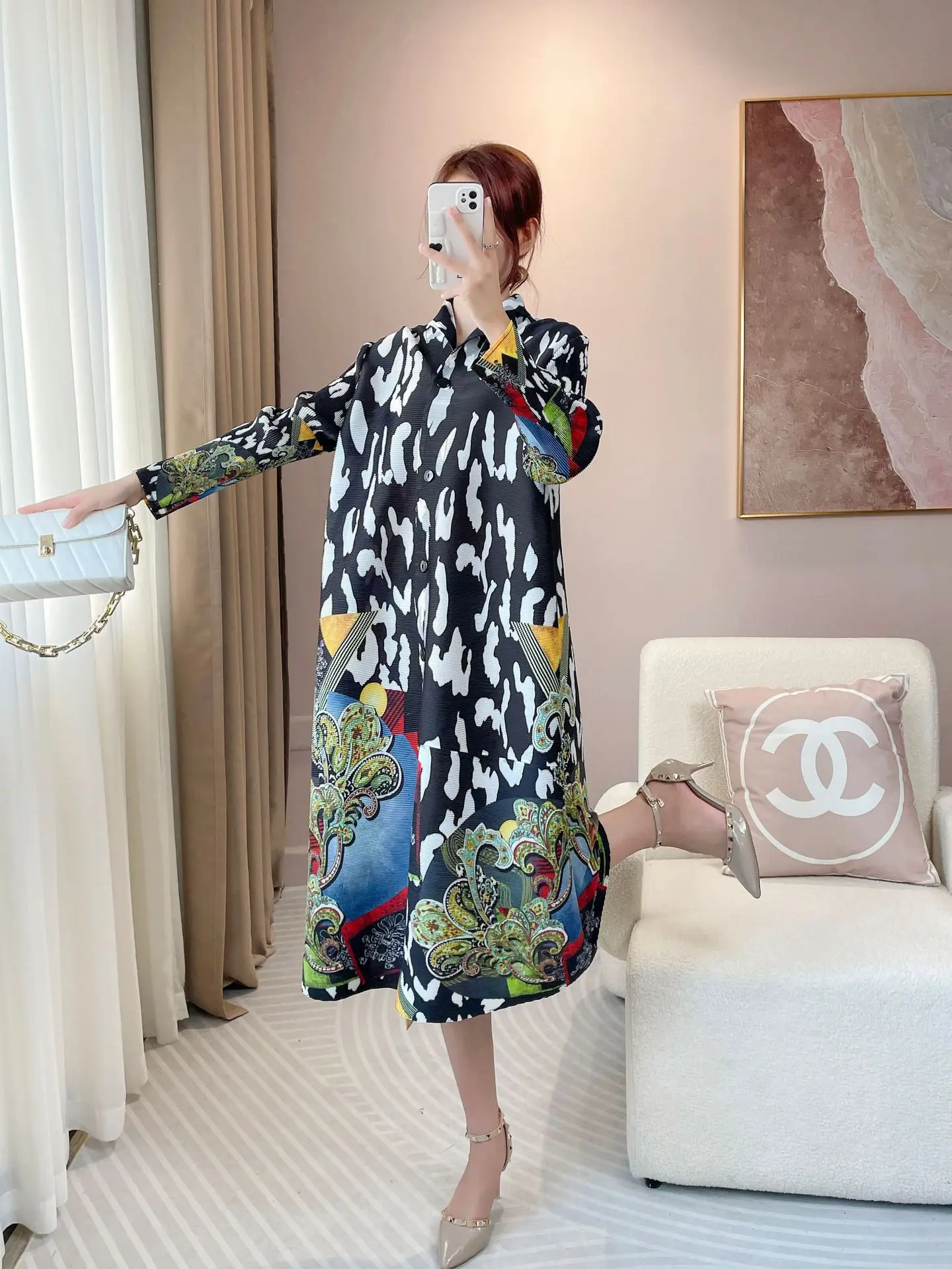 Pleated Fashionable Collar Medium Long Loose Fashion Print Dress Can Wear Two Single Breasted Cardigan Coat Spring 2024