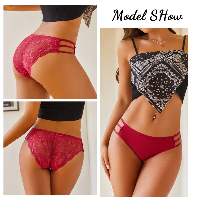 3PC/Set Women Sexy Lace Panties Low Rise Hollow Out Briefs Floral Transparent Underwear for Feamale Elastic Straps Soft Lingerie