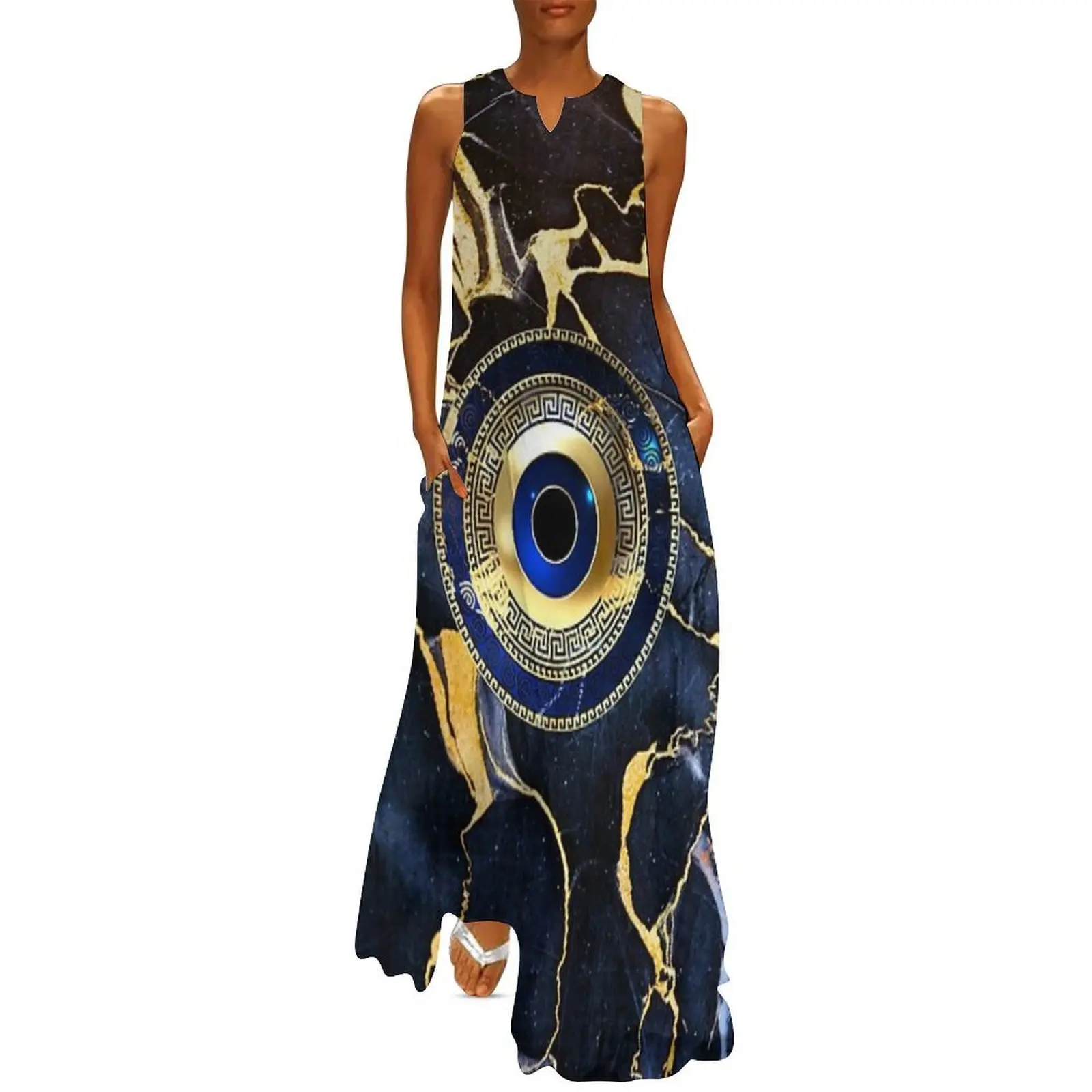 

Mati Evil Eye Navy BlueGold Greek Key Gold Patterns Long Dress Dress vintage summer clothes dresses for woman Bride dresses