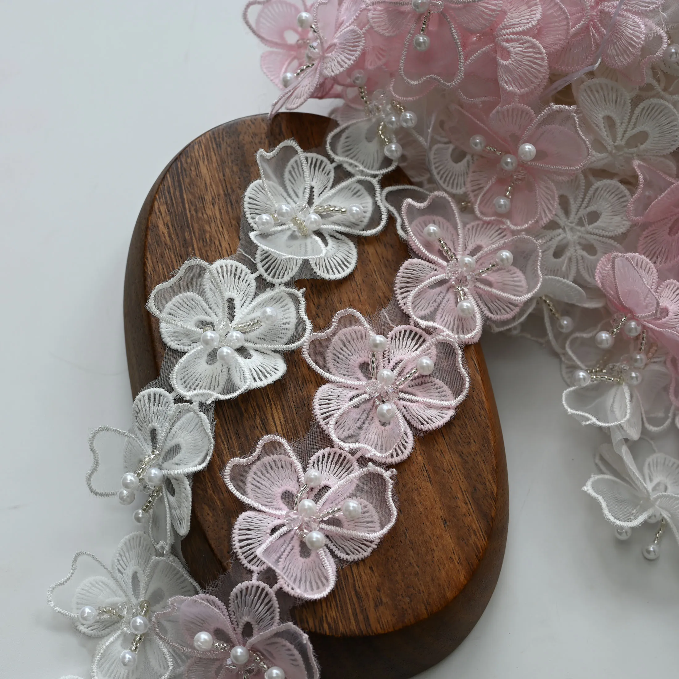 

2yard white pink pearl flower embroidered lace trims ribbons DIY sewing craft supplies vintage floral embroidered trimmings