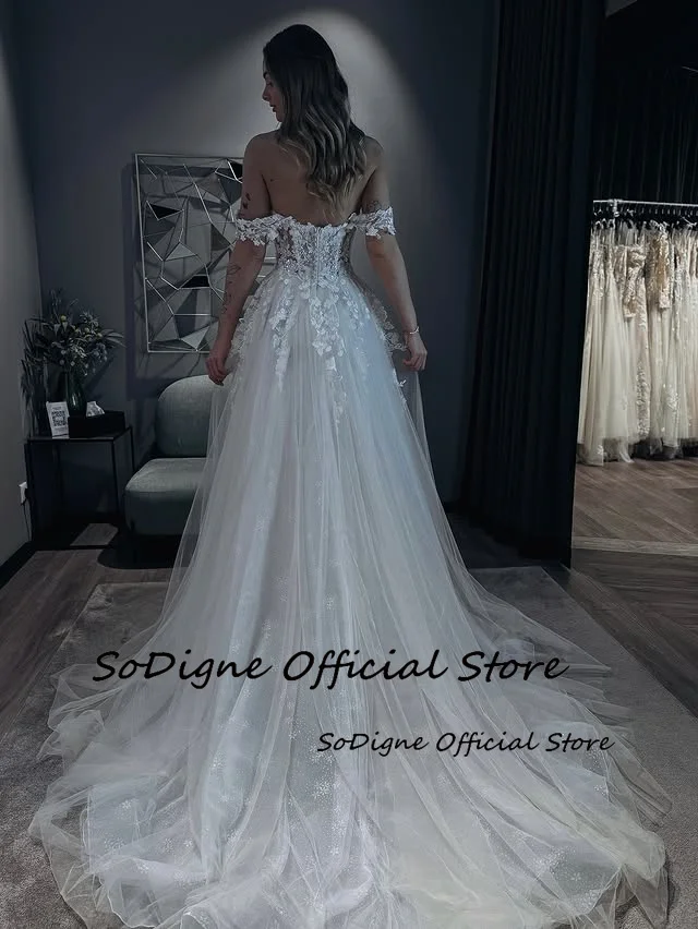 Suknia ślubna SoDigne w kształcie litery A, z odkrytymi ramionami, dekolt w serce, tiulowe aplikacje, suknie ślubne w stylu boho, suknia ślubna, możliwość personalizacji