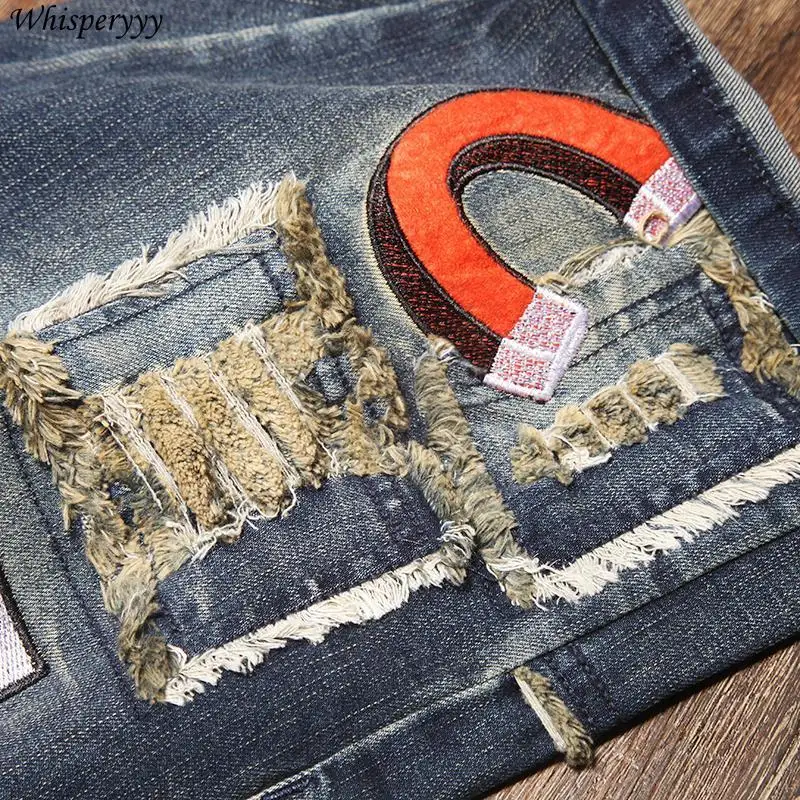 Summer Hole Patch Embroidered Denim Shorts Men Clothing Streetwear Five-point Pants  Badge Casual Jeans Pants Hip-hop Breeches
