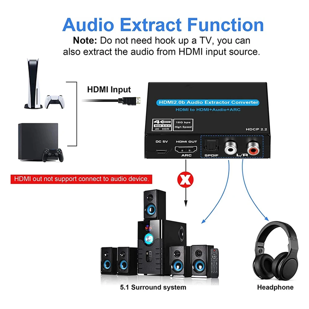 4K 60Hz HDMI-compatible 2.0 audio extractor Support 5.1Ch HD2.0b Audio ARC Switch with audio toslink stereo For Apple TV PS4