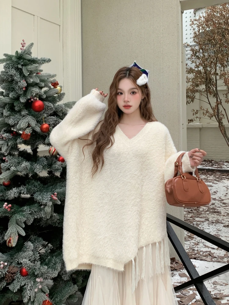 Pullovers Women Solid Fluffy Tassel Tops Korean Style Fashion All-match Irregular Knitted Sweaters Simple Leisure Tender Sweet