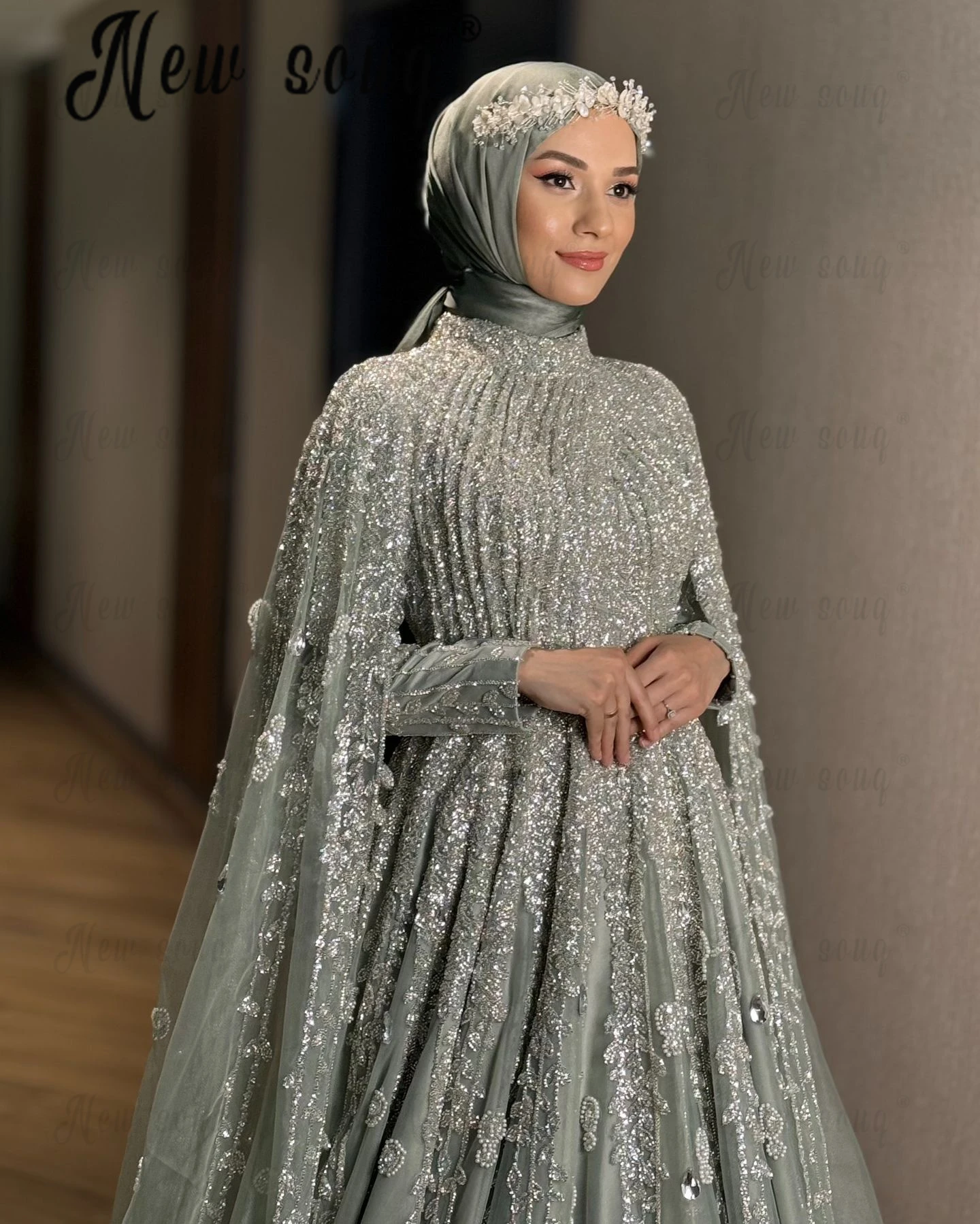 Plus Size Sage Green A Line Muslim Evening Dresses Long Cape Sleeve Wedding Party Dresses Custom Made Beading East Middle Gowns