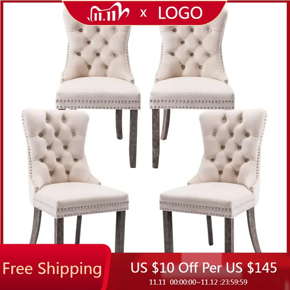 New Velvet Upholstered Dining Chairs Wingback Dining Room Chairs with Ring Pull Trim and Button Back sillas comedor furnitures