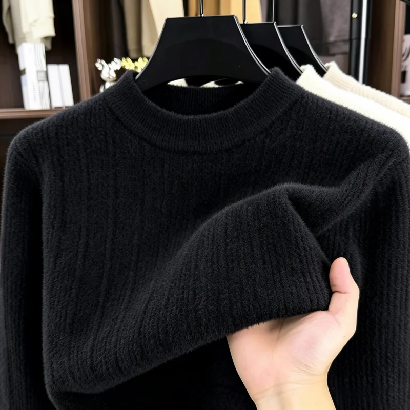 Fashion solid color men's round neck pullover knitted top high-quality jacquard autumn winter new comfort warm casual sweater