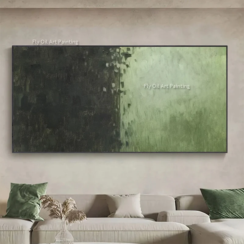 Popular Hand Drawn Green Black Abstract Oil Painting For Living Room Decor Large Simplism Design Light Green Wall Art As Gifts