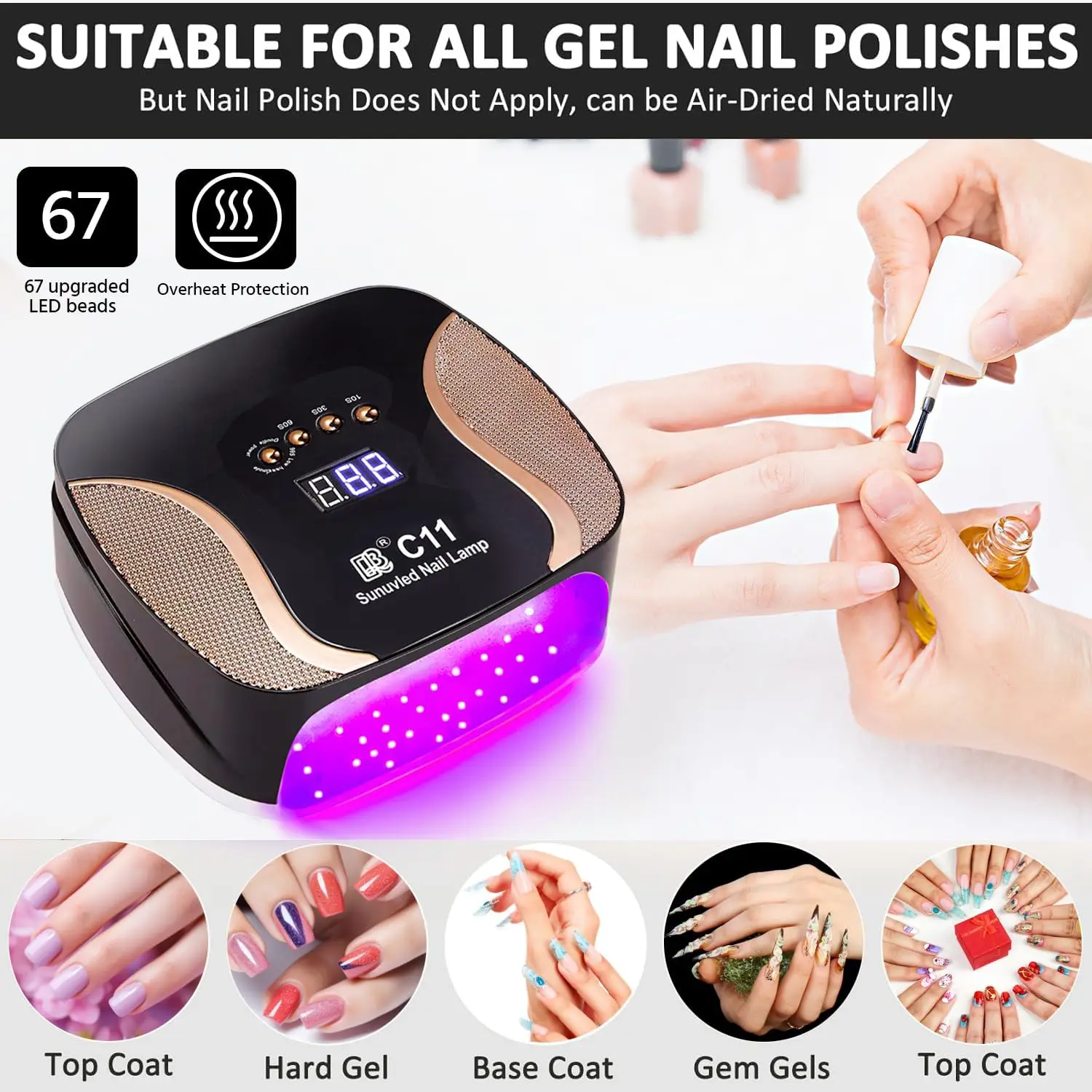 67 LED デュアルカラー UV ネイルランプ、4 つのタイマー付き自動センサー ジェル ドライヤー、折りたたみ式取り外し可能なベース (ブラック)