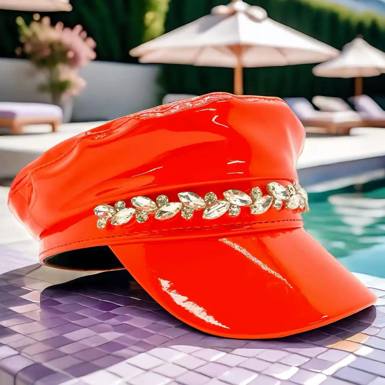 홍루안 레이저 가죽 캡틴 모자 라인스톤 & 여성용 밀리터리 캡, 레이브 페스티벌 액세서리 & 파티 캡 남성 코스프레 여성용