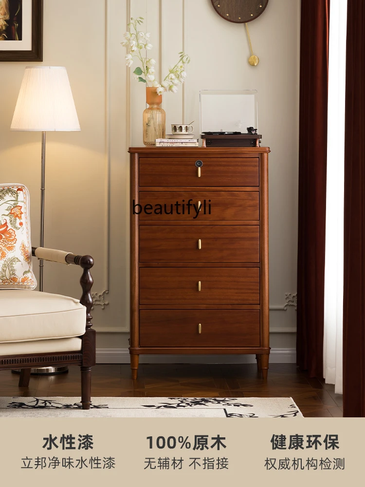 Solid Wood Living Room Chest of Drawers with Lock Vintage Storage Cabinet Light Luxury Cabinet Bedroom Locker