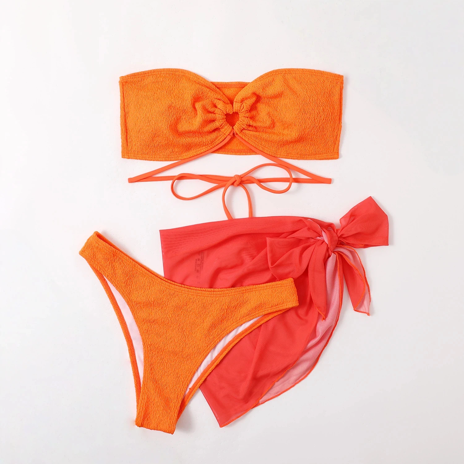 Bikini-Set für Damen, Orange, Bandeau, Schleife, Netzstoff, Überzug, 3-teilig, 2025, Sommer, sexy Strand-Badeanzug
