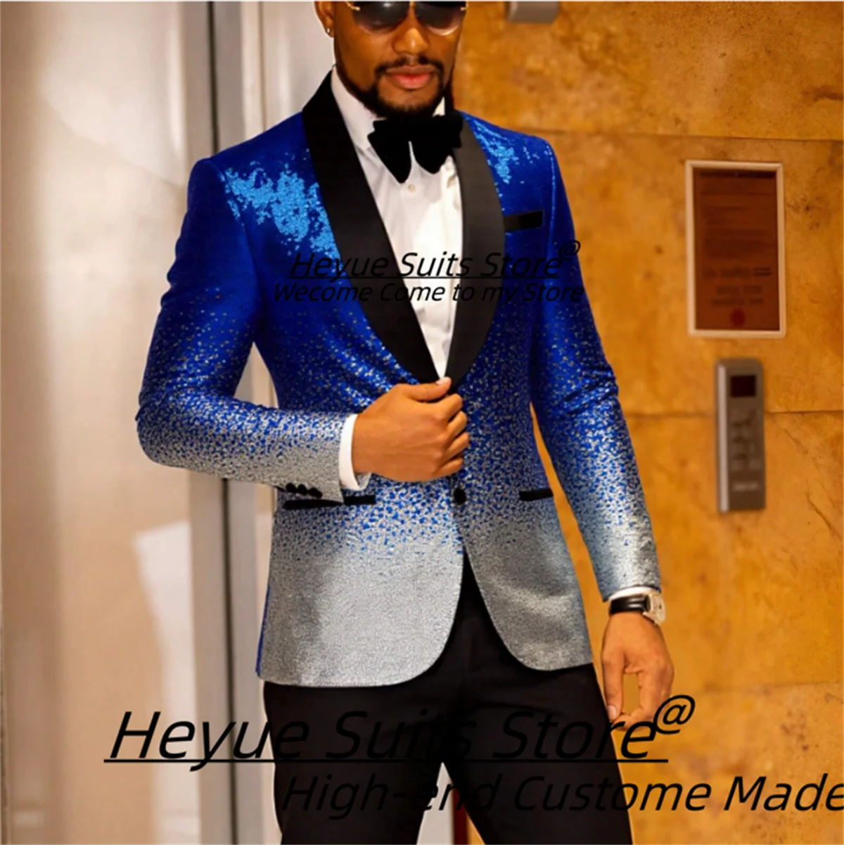 

Luxuly Sequin Shiny Prom Men Suits Slim Fit Shawl Lapel Groom Wedding Tuxedos 2Pieces Sets High-qublity Male Blazers Ropa Hombre