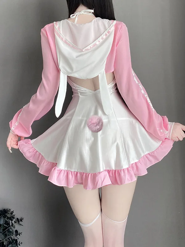 New Cute Maid Costume Cosplay Lolita Halloween Women's Performance Costume Sweet Loose Long Sleeved Hooded cloak Sling Dress ZU9