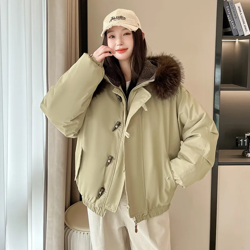 

2025 New Thick Women's Winter Jacket Warm Parkas Down Cotton Jacket Casual Warm Fur Hooded Cropped Parkas Outwear