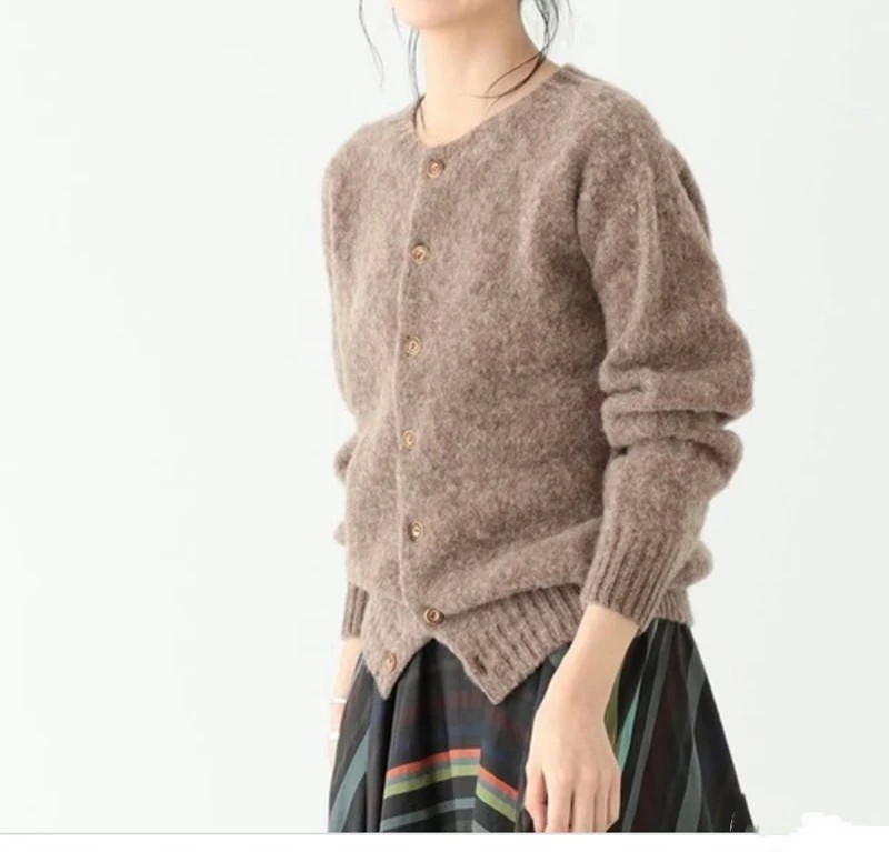 

BEMS Autumn Winter Women's Knitted Woolen Long Sve round Ne Open Cardigan Pure Color Sweater Coat Retro Australian Wool