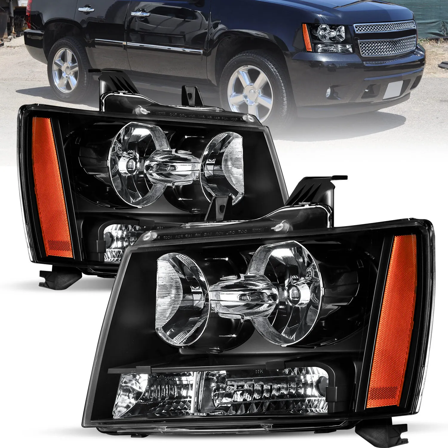 

Черные корпуса фар с янтарными угловыми элементами для Chevrolet Tahoe Suburban 2007-2014, левая+правая
