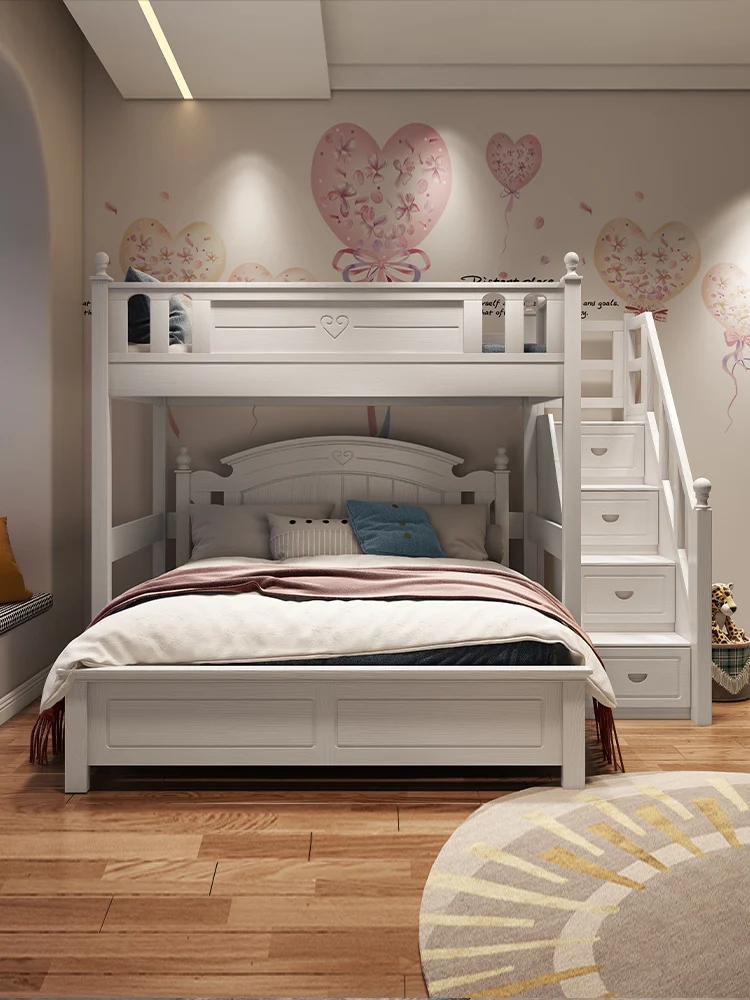 All solid wood children's up and down bed staggered multi-function combination bed boys' saving space T-shaped high and low bed