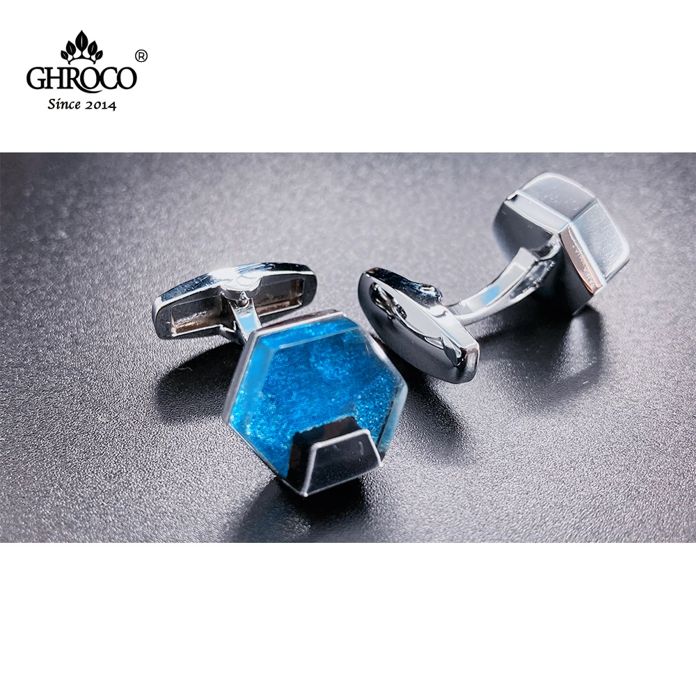 GHROCO Charming Hexagon Blue Resin Men’s Cufflinks for French Cuff Dress Shirt Great Gift for Business Men