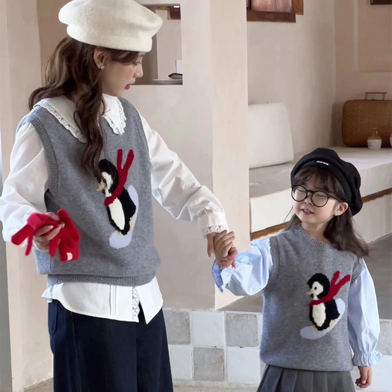 100% الصوف الخالص الأطفال محبوك سترة بلا أكمام الوالدين والطفل سترة الفتيان الفتيات الخريف موضة الصوف محبوك سترة سترة #2