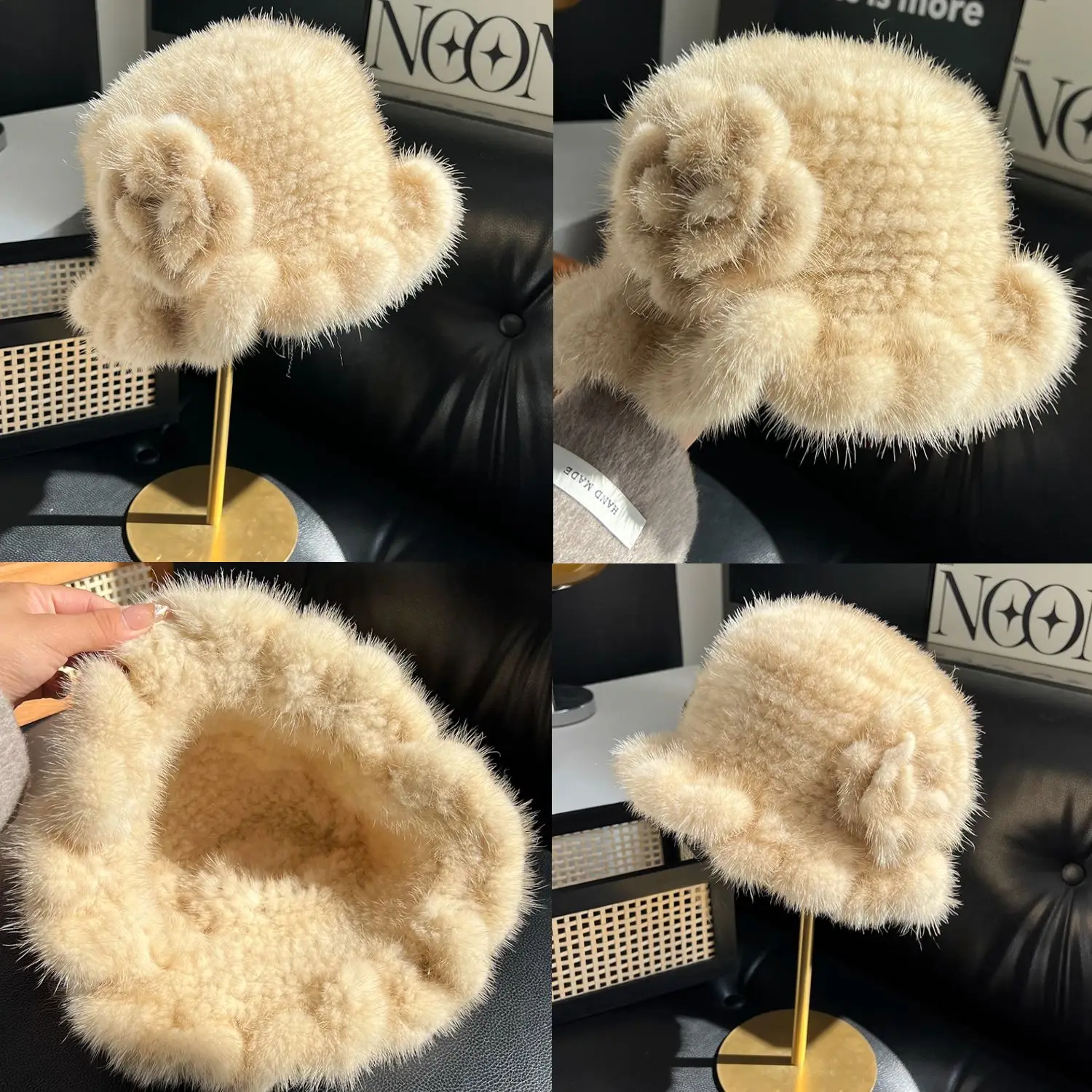 Topi Bulu Mink Asli 100% untuk Wanita, Topi Bucket Musim Dingin Penghangat, Topi Bulu Mink Asli Rajutan Alami Mewah untuk Wanita