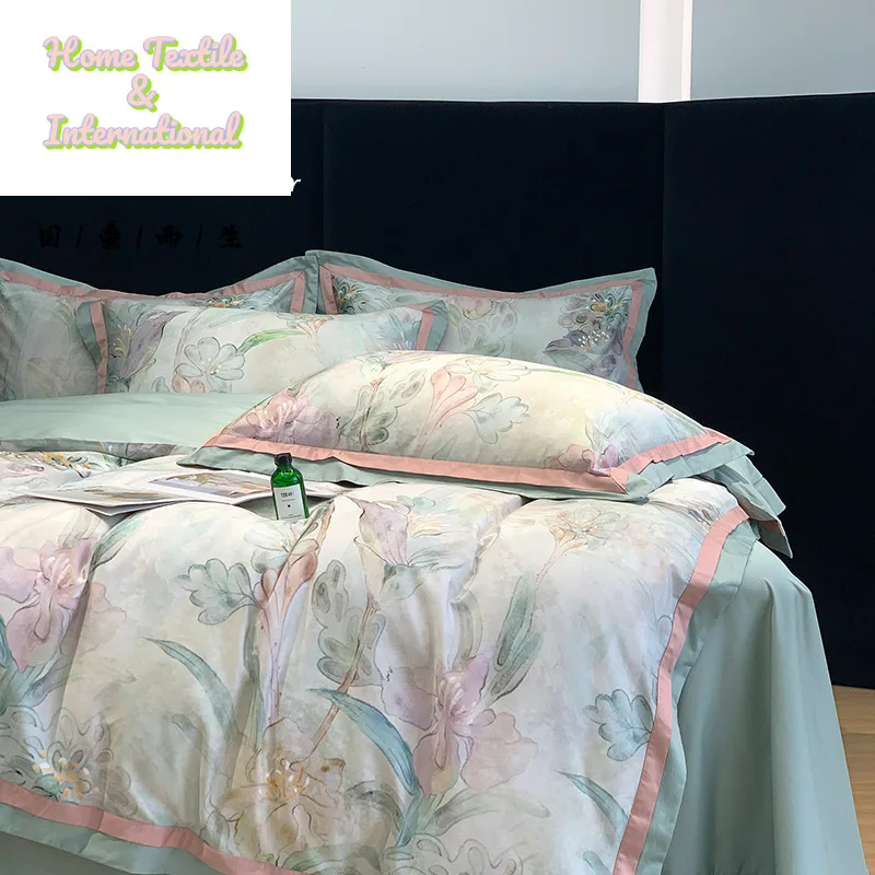 Premium Egyptian Cotton Retro Printing Flowers Luxury Bedding Set Duvet Cover Flat/Fitted Sheet Pillowcases 4Pcs