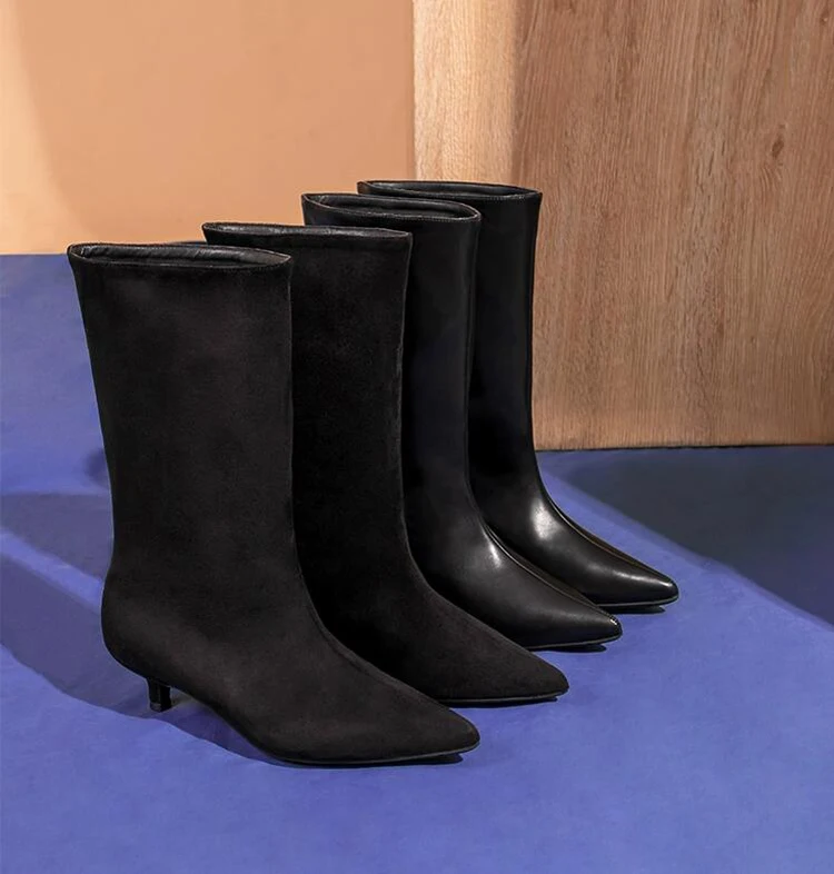 2023 Luxury Footwear Fashion Pointed Toe Thin Low Heel Western Boot Suede Leather Slip on Simple Elegant Ladies Work Dress Botas