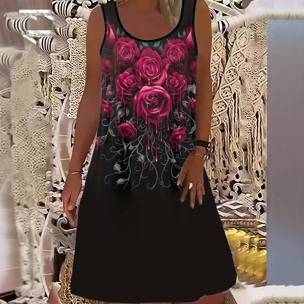 2025 Summer Dresses Fashion Elegant Women Round Neck Ethnic Style  Butterfly Print Dress Casual Plus Size Loose Sleeveless Dress