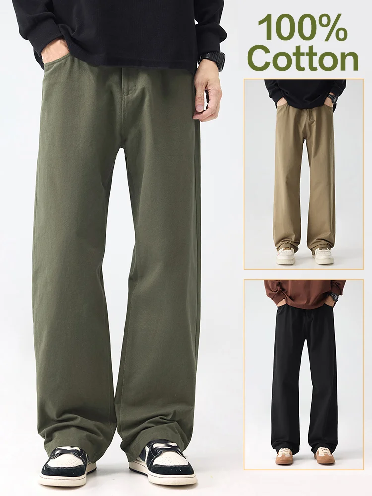 

Brand Clothing Autumn Winter 100%Cotton Fabric Men's Casual Pants Elastic Waist Loose Wide Leg Casual Cargo Trousers Male M-4XL