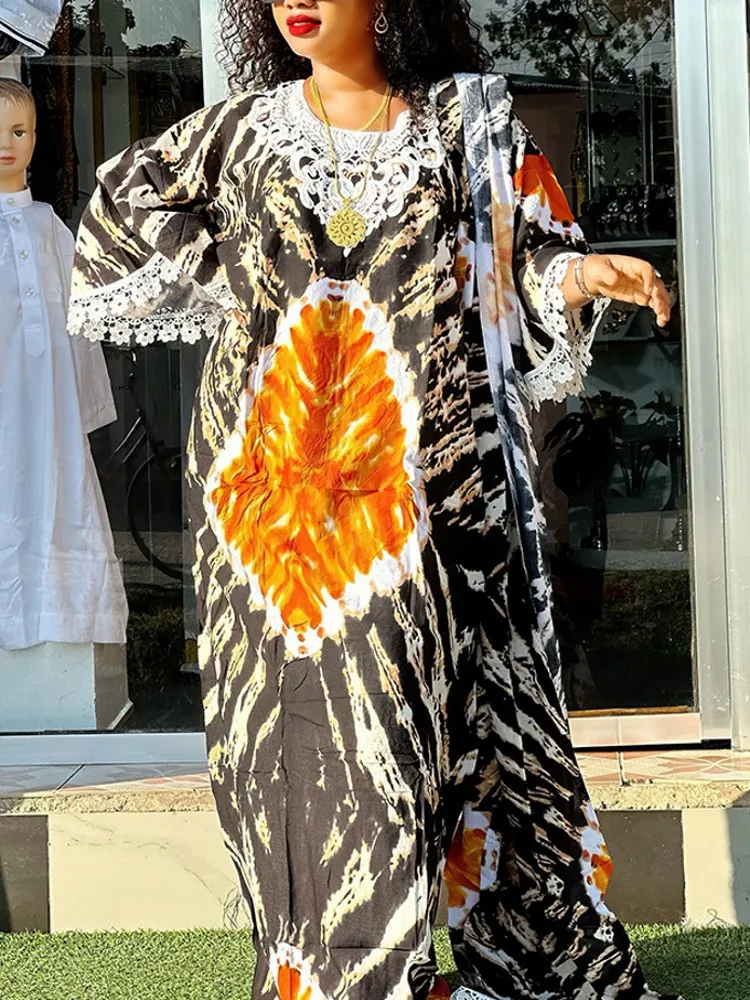 Vestido maxi de renda estampado para mulheres muçulmanas, caftan solto, marocchino, islâmico, vestuário turco, Dubai, Abaya, Dashiki