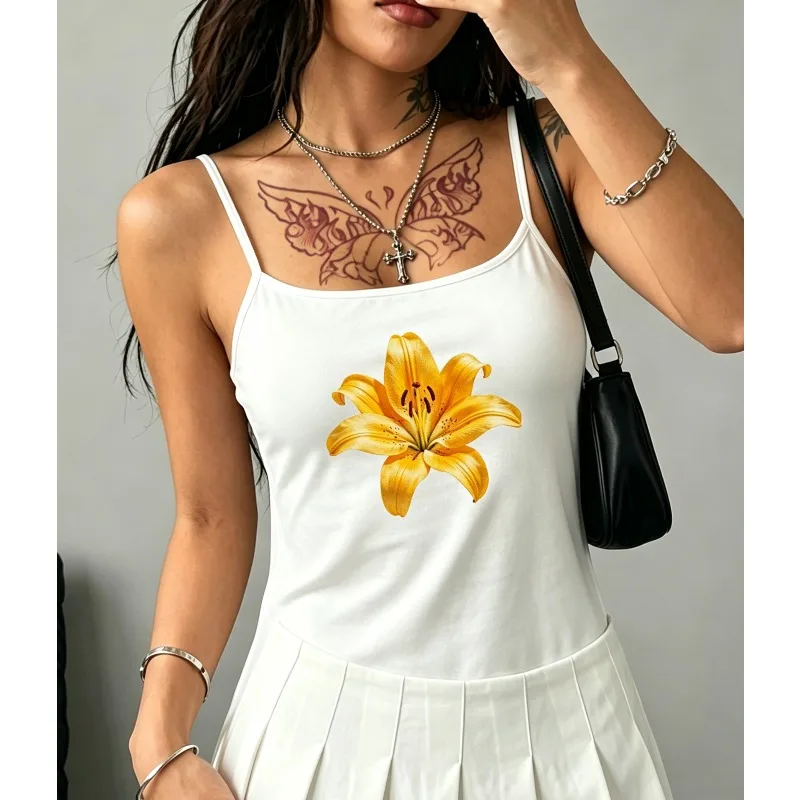 Watercolor Pastel Flower Bouquet Butterfly Print White Strap Tank Top Casual Summer Cottagecore Beach Daily Outfit Women Top