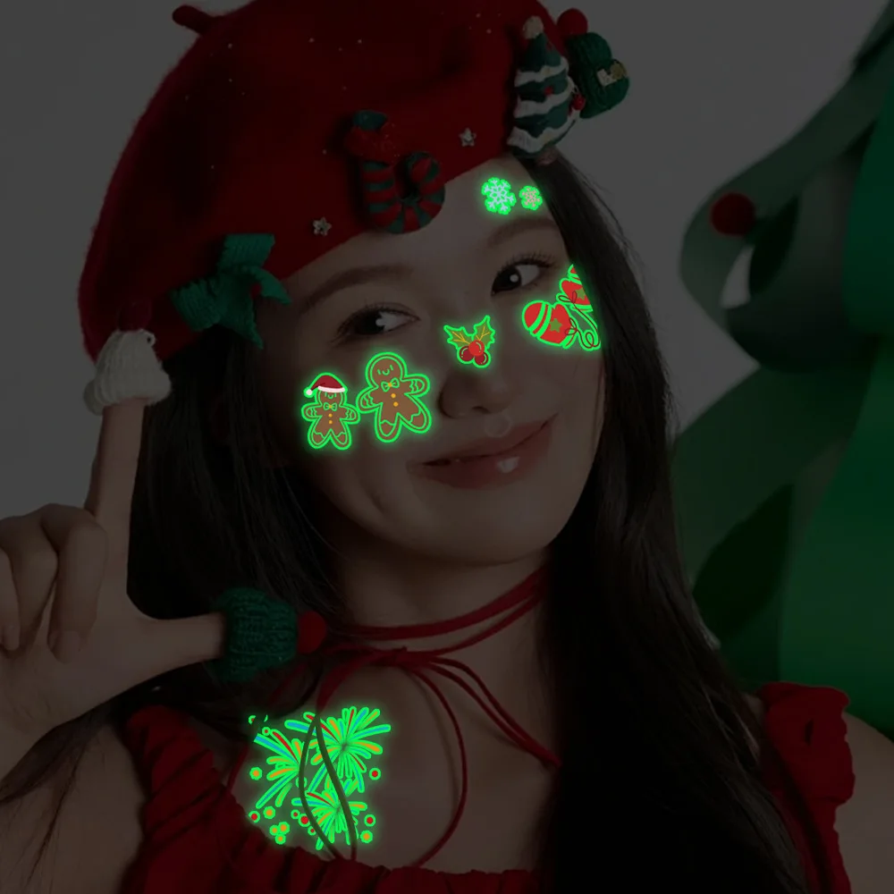 Children Cartoon Cute Glow Dark Christmas Temporary Tattoo Stickers 10 Sheets Santa Holiday Activity Waterproof Premium Safe