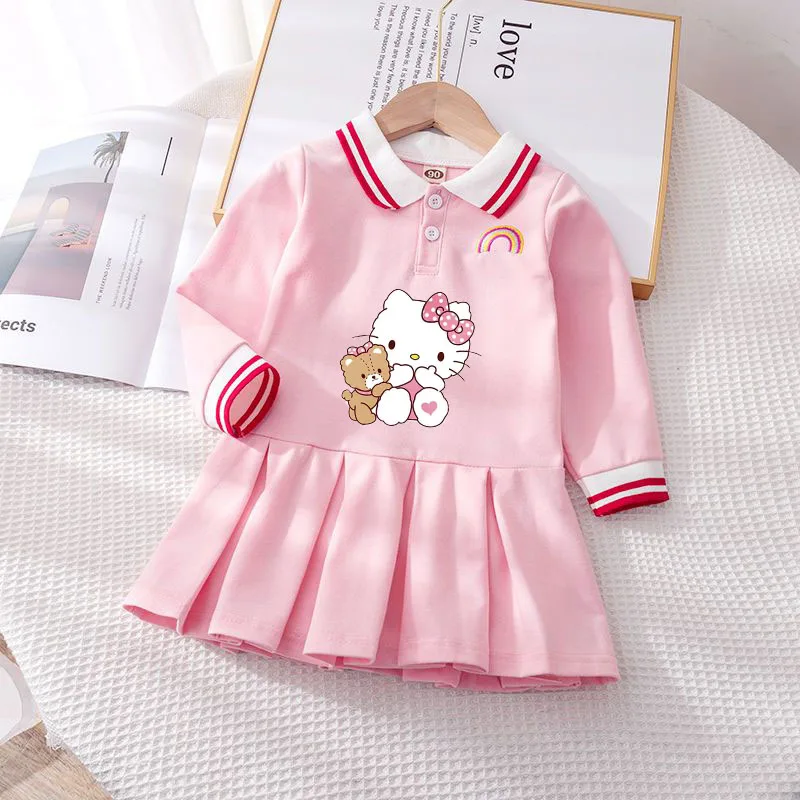 Sanrioed Hellokittys My Melody Kids Long Sleeve Dress Cotton Cinnamoroll Kuromi Fashion Pleated Skirt Preppy Korean Kids Clothes