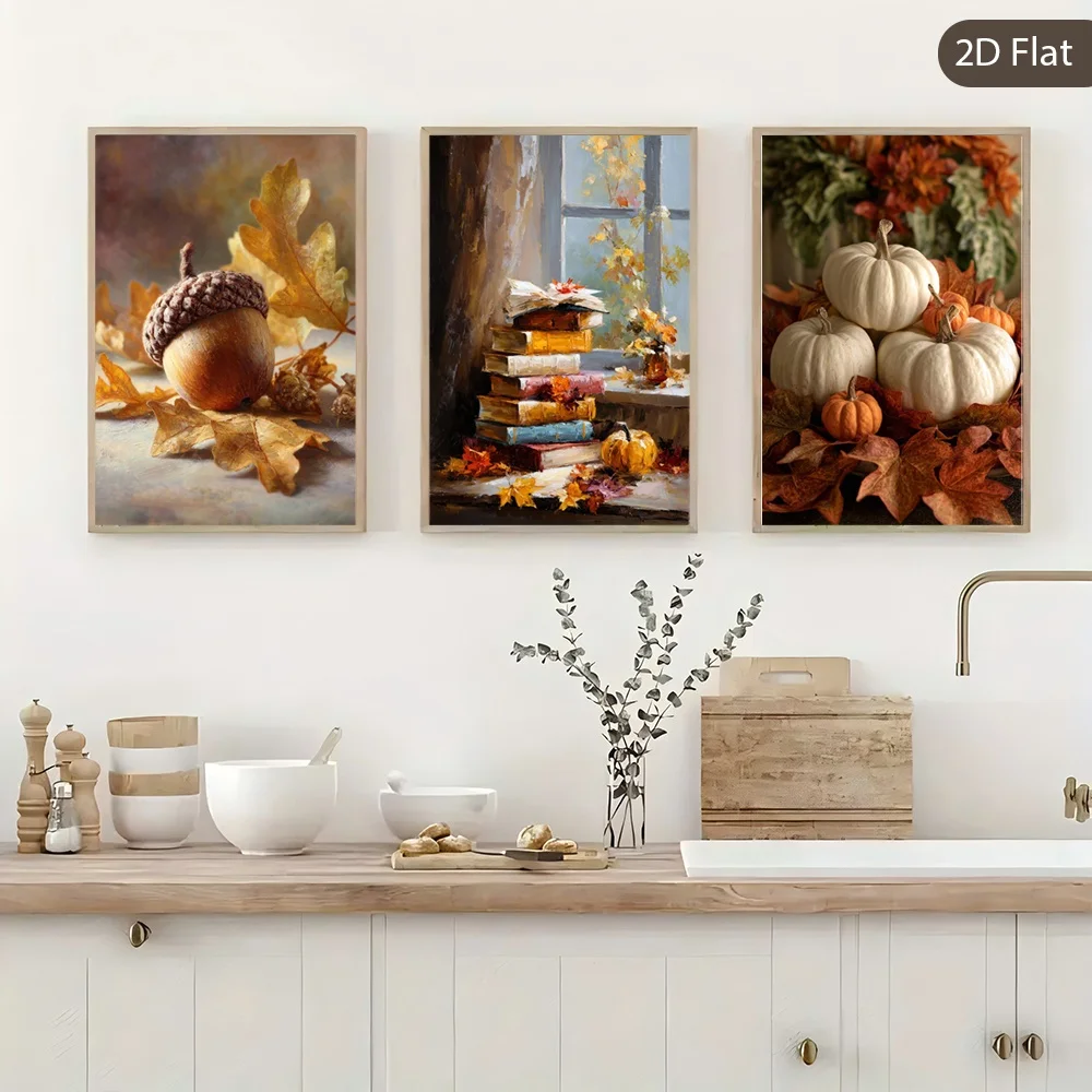(No frame)2D Flat, 3pcs Frameless Autumn Harvest Canvas Art, Cozy Reading Wall Art, Autumn Color Printed Poster, Harvest Pump