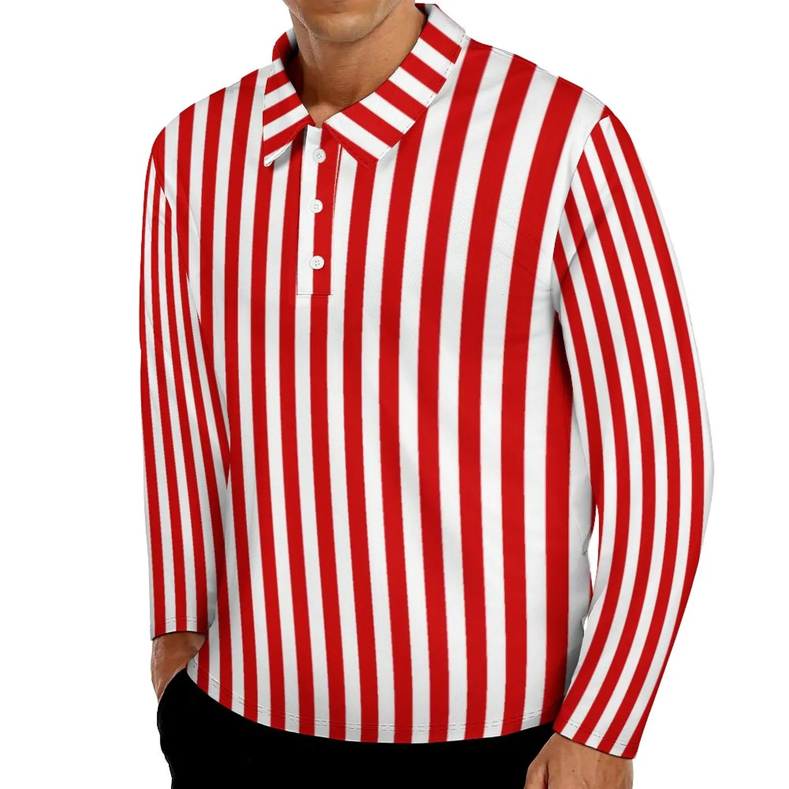 Candy Stripes Casual Polo Shirt Red and White Stripe T-Shirts Long Sleeve Design Shirt Autumn Vintage Oversized Tops Gift Idea