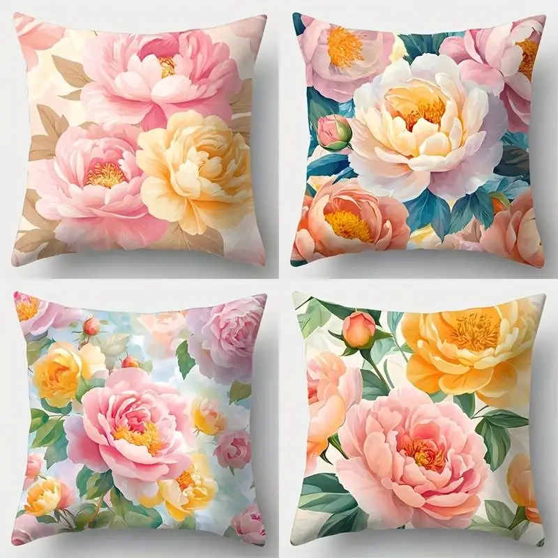 

Наволочка с пейзажем пейонов в пастельных тонах — наволочка с розовым и желтым цветочным узором для романтического декора коттеджа