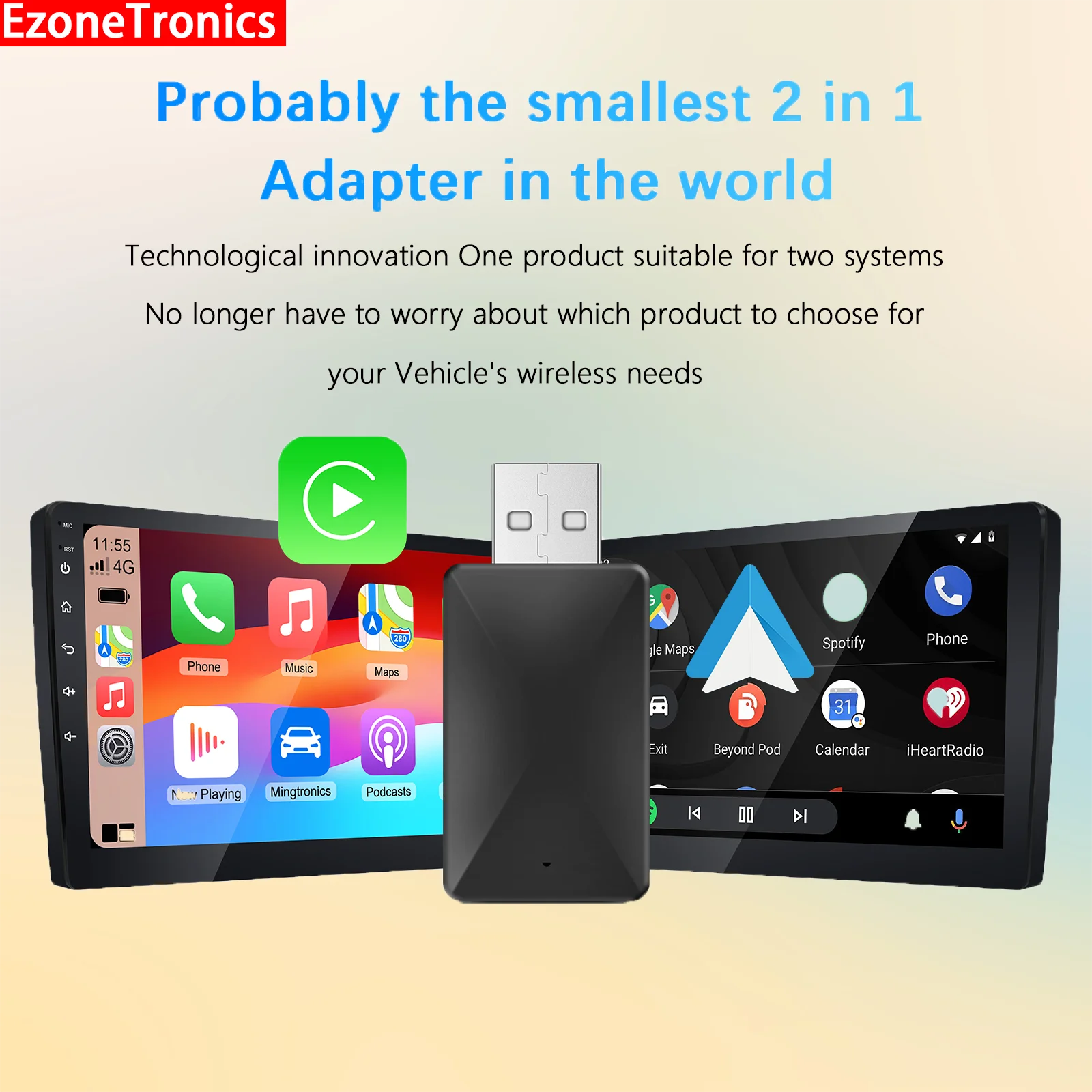 Ezonetronics Wireless CarPlay android auto 2 in 1 adapter for factory wired car Plug and Play Fashionable and Portable