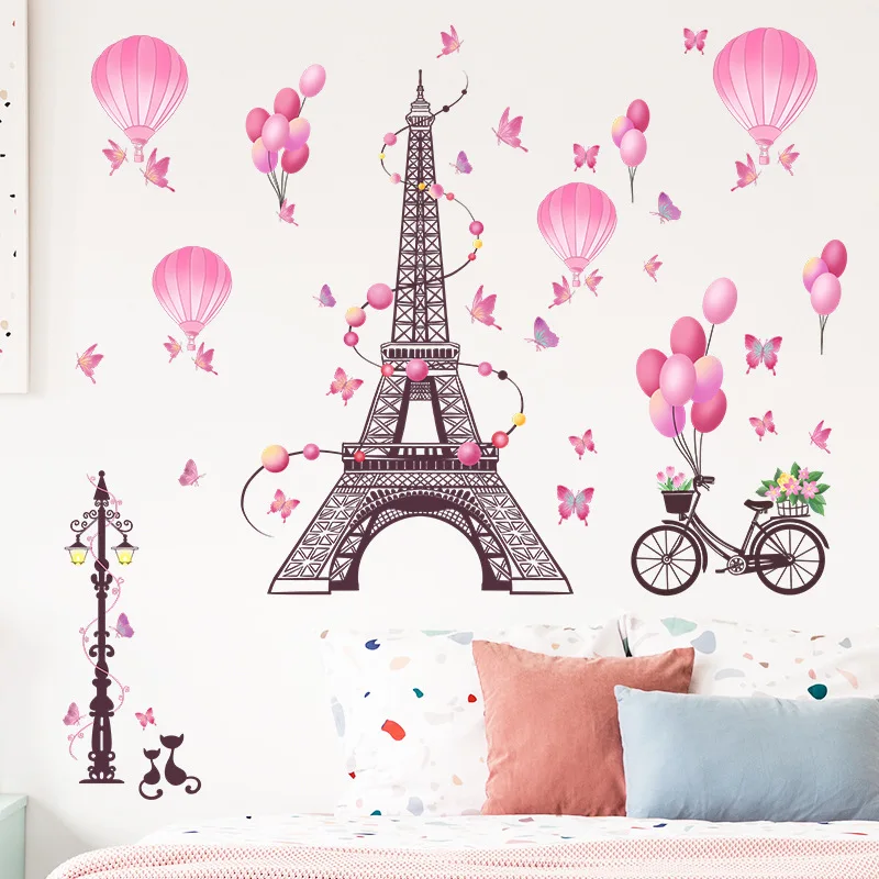 Eiffel Tower Romantic Balloon Self-adhesive Wall Stickers For Girl Room Kids Room Decoration Room Decor Bedroom Decoration