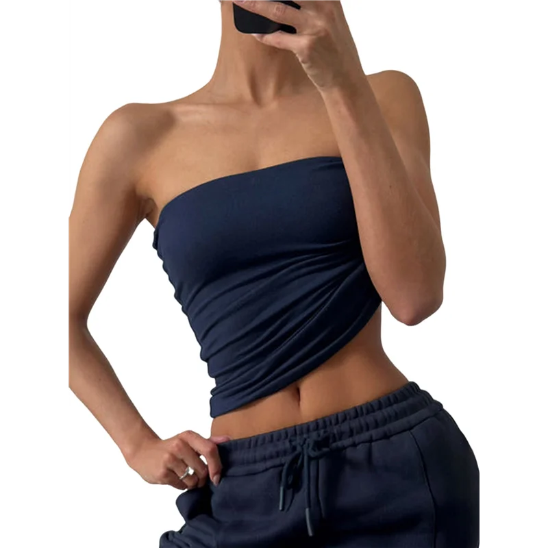 Women's Y2K Strapless Backless Tube Top Double Lined Sleeveless Crop Tank Top For Summer 2025 Going Out-A55G