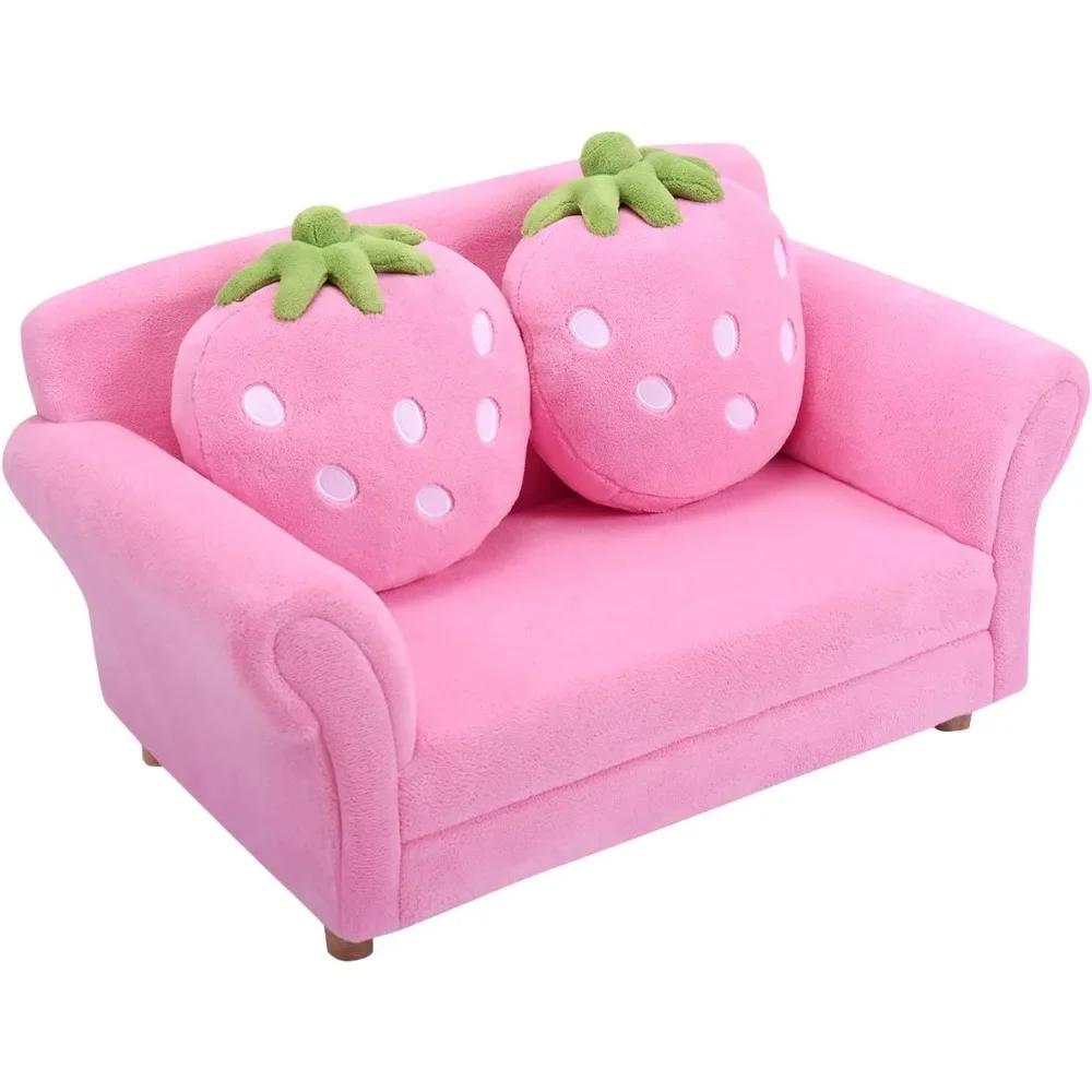 

Kids Sofa, Upholstered Toddler Couch Chair with Ergonomic Back & 2 Strawberry Pillows, Double Seat Toddler Armchair for