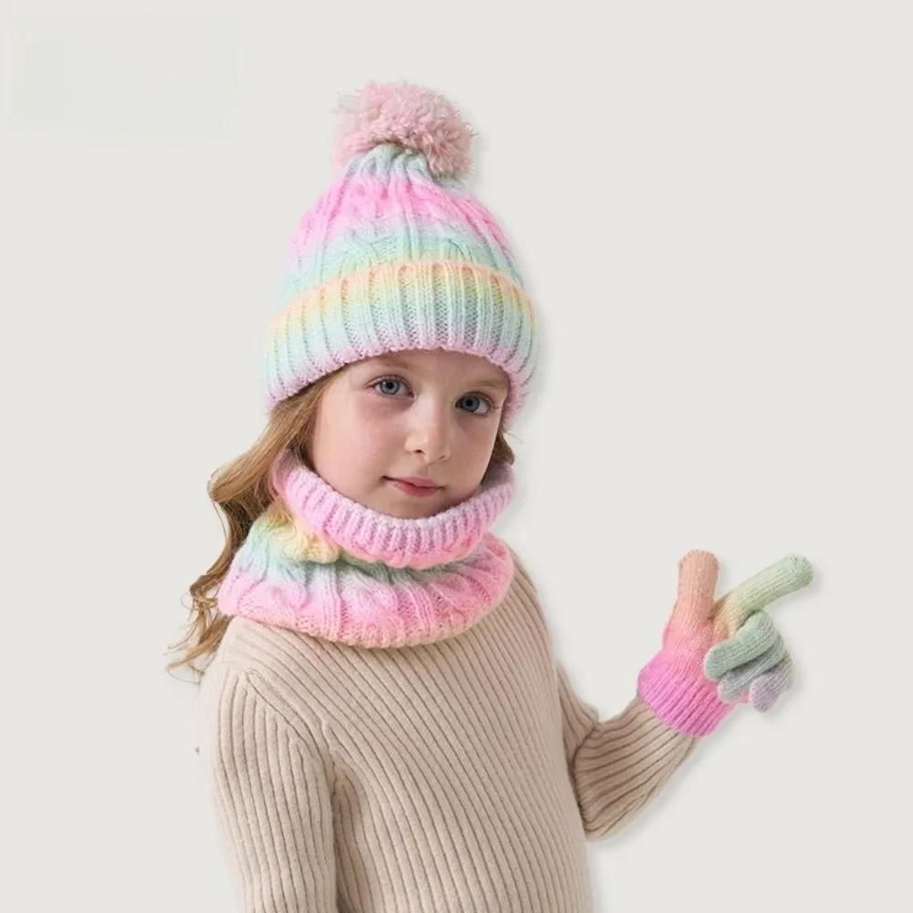Casual Gradient Color Baby Hat Scarf Gloves Set Cute Pompom Thickened Toddler Knitted Hat Warm Ears with Velvet Hat Set Boys