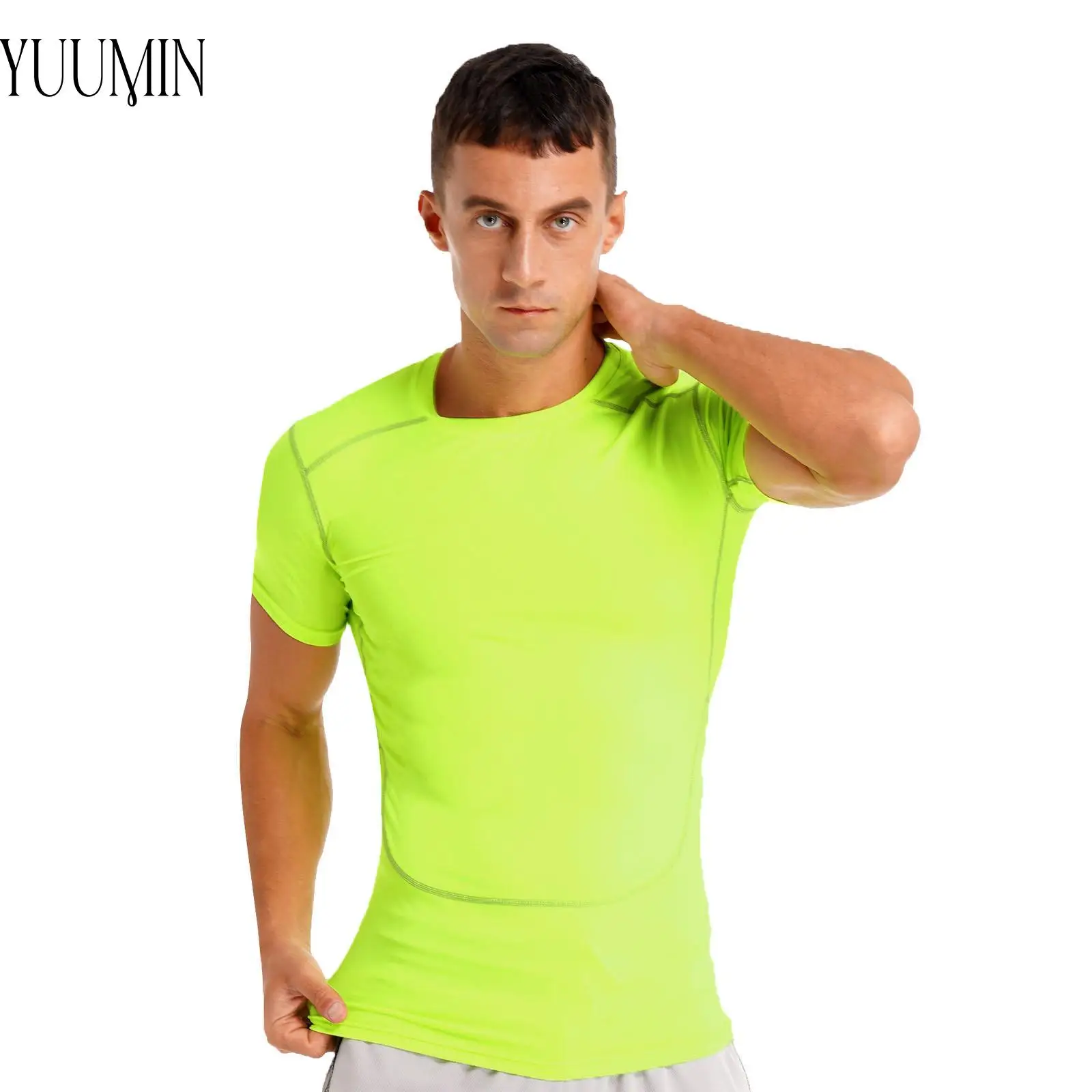 

Men Quick Dry Sport Elastic Bodysuit Solid Color Athletic Rash Guard Short Sleeve Wicking Compression Train Fitness Swim T-shirt