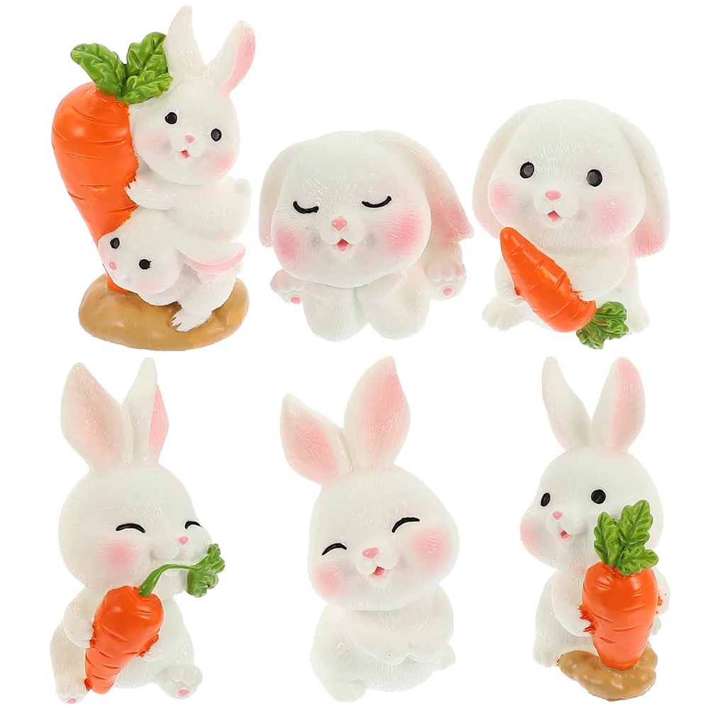 6 Pcs Little Bunny Ornaments Animal Carrot Resin Adornments Plants Rabbit Decorative Small Animals Micro for Flowerpot Mini