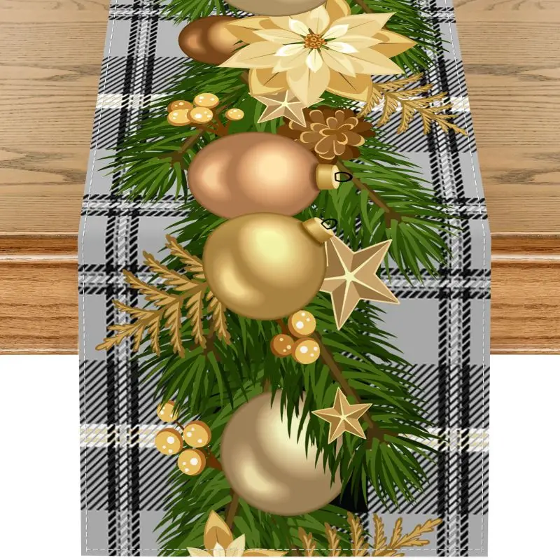 VIKAMA Snow Globe Village Winter Pine Tree Lantern Christmas Table Runner Linen Fabric Cloth for Xmas Dinner Party Home Decor