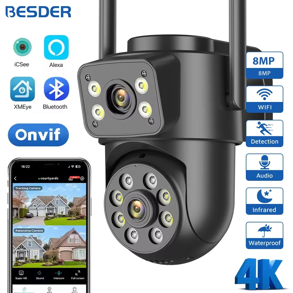 BESDER 8MP IP Camera PTZ Auto Tracking Night Vision Outdoor Security Protection Wifi CCTV Surveillance Camera Dual Screens iCSee