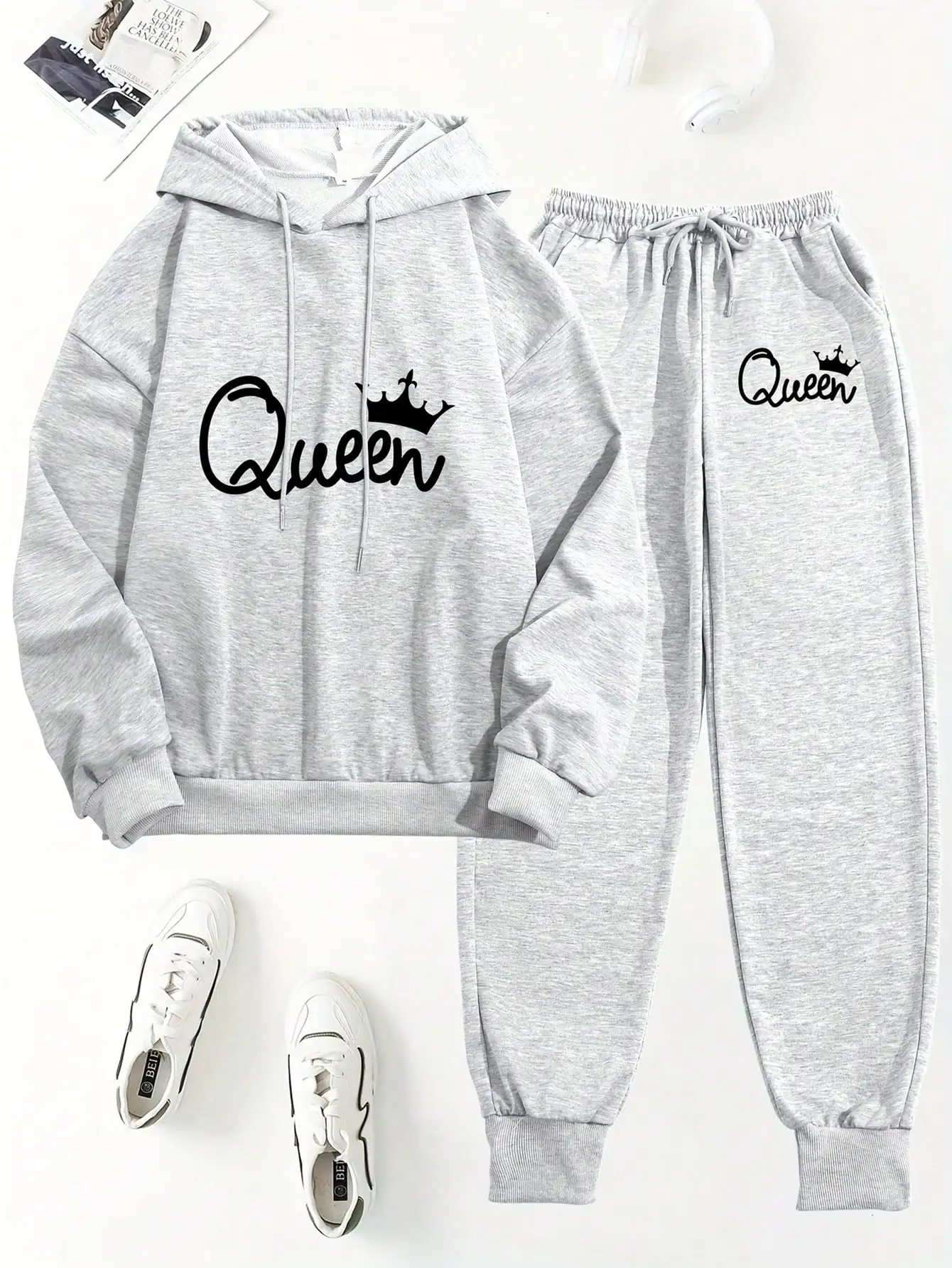 2026 Autumn New Women Knit 2‑Piece Tracksuit Queen Letter Print Hoodie Sweatshirt & Drawstring Jogger Pant Casual Loungewear Set